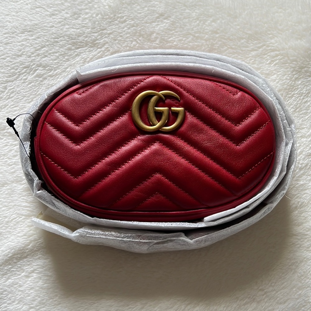 💯% Auth Gucci MARMONT 2.0 WOMEN'S RED MATELASSE LEATHER BELT BAG 🌹❣️💋 85cm - Picture 4 of 7